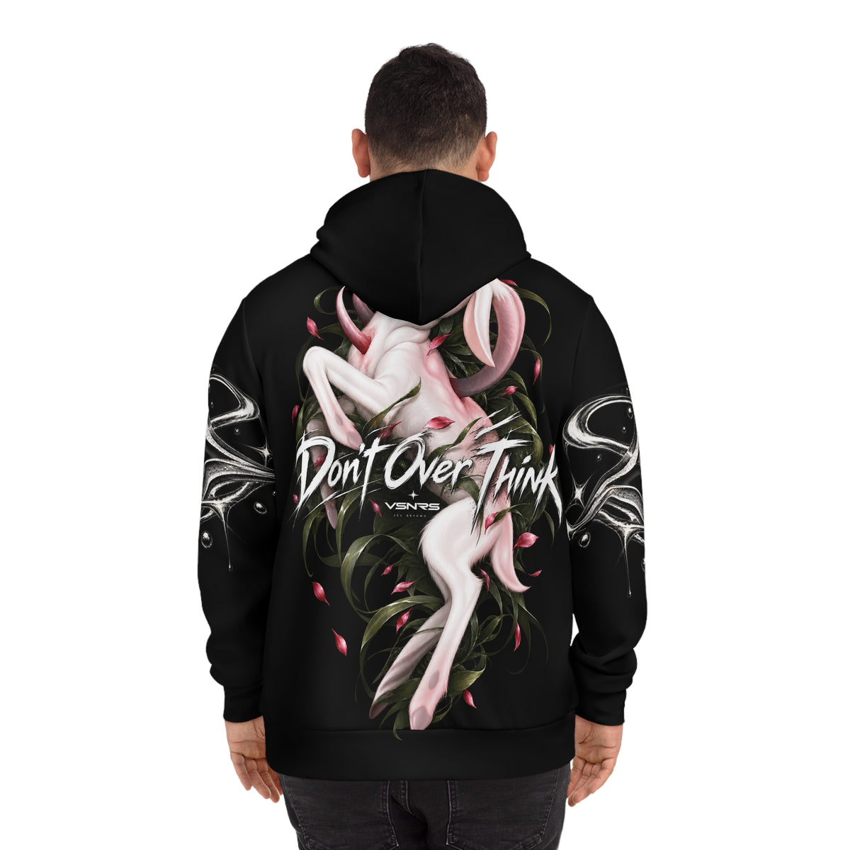 Don’t Overthink Hoodie — Graphic Black Fashion Hoodie with Mythic Rabbit Design