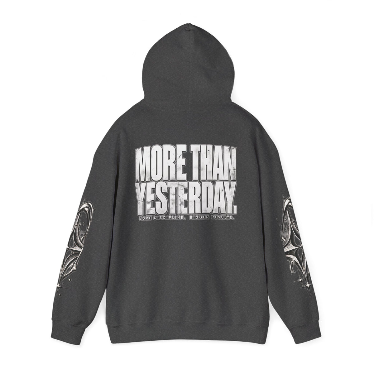 More Than Yesterday Hoodie — Dark Heather — back, hood up