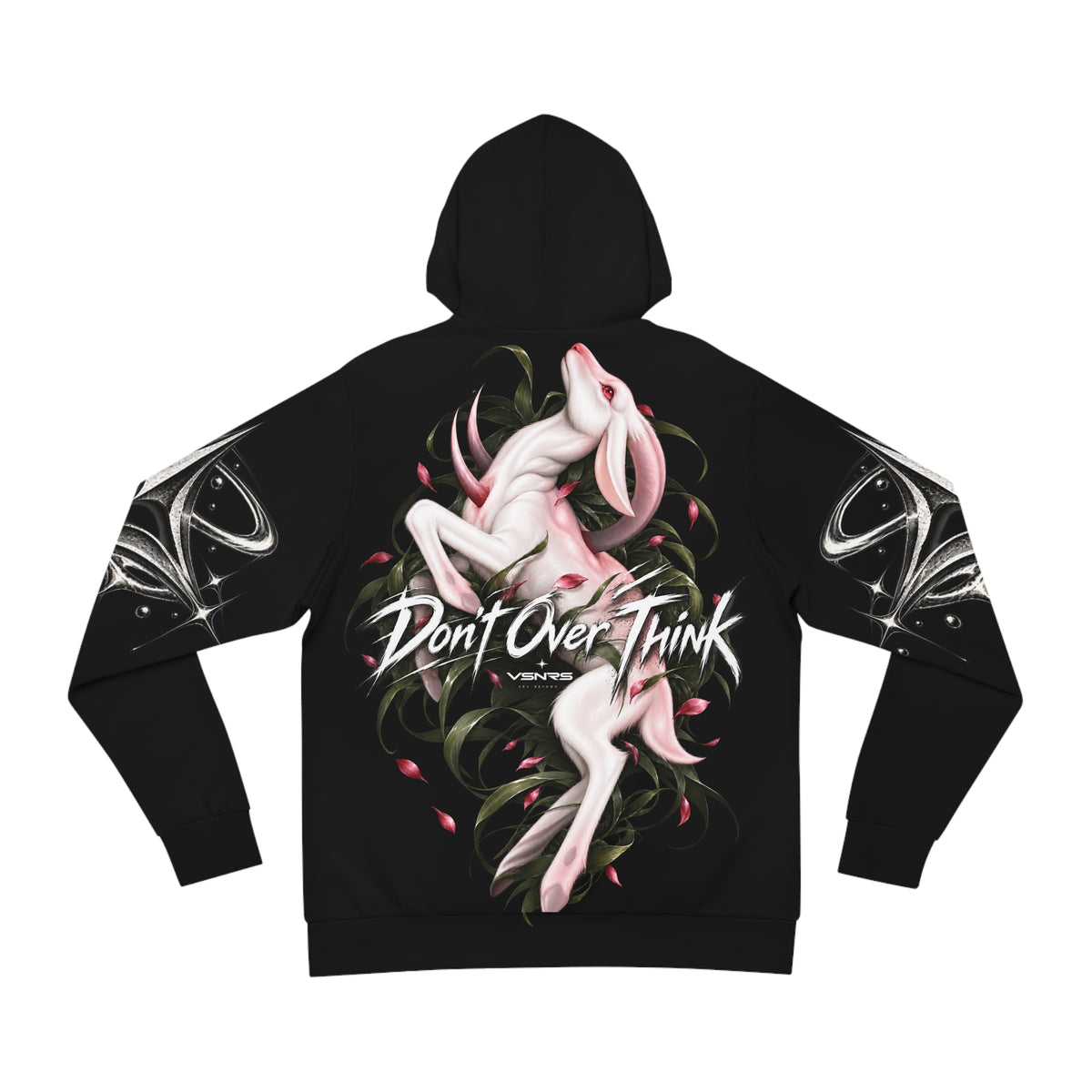 Don’t Overthink Hoodie — Graphic Black Fashion Hoodie with Mythic Rabbit Design