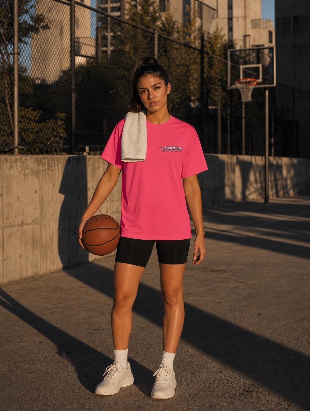 Stay Positive Performance Tee — Neon Pink — model front